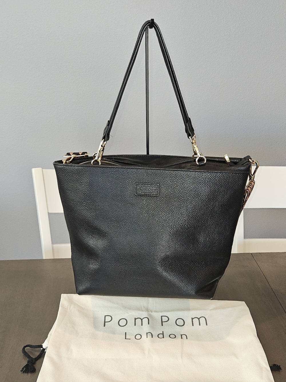 Pom Pom London Greenwich Tote In Black Pebbled Leather with Gold Hardware